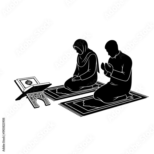 Muslim couple praying together with a quran on prayer rugs