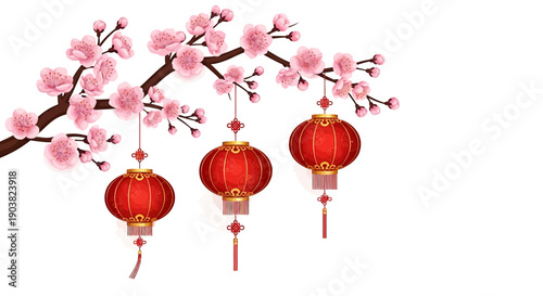 Vibrant Chinese lanterns hanging from blooming cherry blossom tree