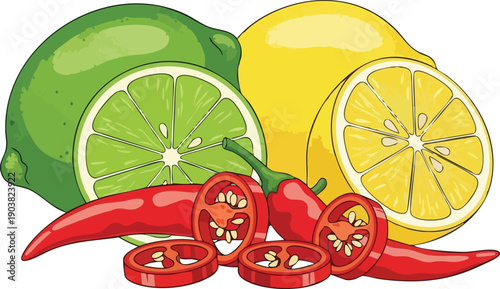 Spicy Citrus Medley A Vibrant Illustration of Lemon, Lime, and Chili