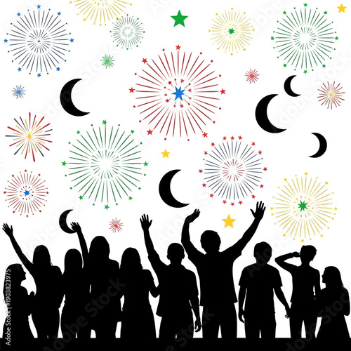 Celebratory fireworks display with silhouettes of people enjoying the show