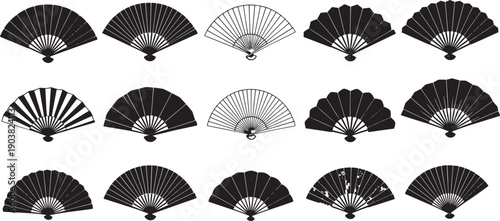 A diverse collection of elegant traditional Japanese folding fans, showcasing intricate oriental handheld designs and classic patterns for cultural representation and decorative motifs