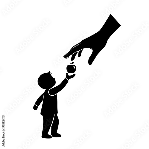 A silhouetted image depicting a hand offering an apple to a child