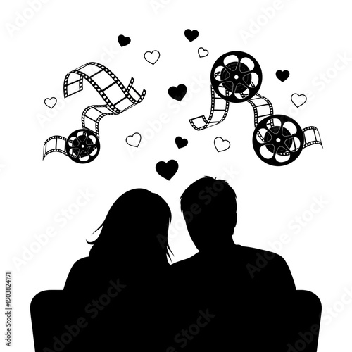 Silhouettes of a couple watching a movie with film reel and hearts