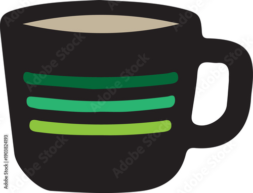 A black coffee mug with green stripes isolated on transparent background