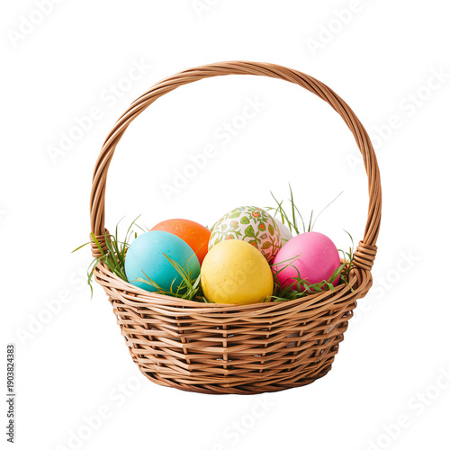 Colorful Easter Eggs in a Woven Basket With Green Grass in a Spring Setting