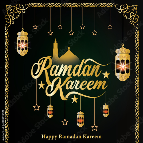 Ramadan Kareem Islamic luxury greeting background with lump, mosque, moon, stars, dark blue background with beautiful typography vector illustration.