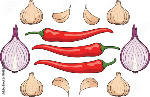Fresh Spicy Vegetables Vector Illustration Garlic, Chili Peppers, and Onion