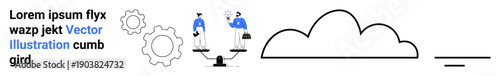 Teamwork, cloud technology, connectivity, innovation, business collaboration, digital solutions. Two people working together on balanced scales, gears and a cloud icon. Teamwork and cloud technology