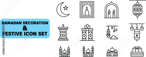 Ramadan & Festive Icon Set: a set of illustrations featuring various cultural and religious symbols, each exuding the essence of the Ramadan period. 