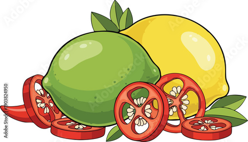 Fresh Lime, Lemon, and Chili Pepper Illustration for Culinary Arts and Healthy Eating