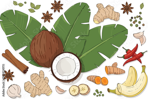 Tropical Fruits and Spices Still Life Coconut, Banana, Ginger, and More