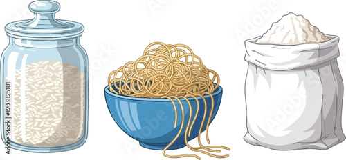 Assortment of Staple Foods Rice, Pasta, and Flour Illustration