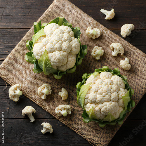 Wallpaper Mural Top view of organic cauliflower on brown sackcloth and dark wood surface with copy space, flat lay of healthy vegan food ingredients for cooking and nutrition concept Torontodigital.ca