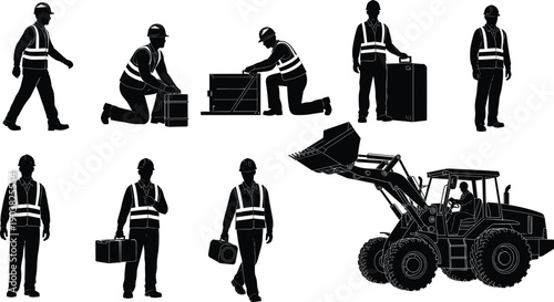 Set of construction worker silhouette icons showing tasks with helmets, safety vests, toolboxes, lifting boxes, and operating front loader