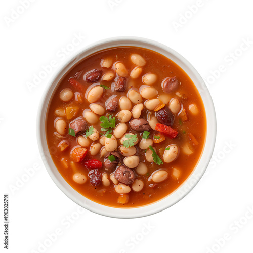 Warm Bean Soup Sits in a White Bowl With Herbs and Colorful Beans on a Simple...