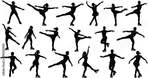 Set of 18 figure skating silhouette icons showing spins, jumps, arabesques, glides, and dynamic artistic skating stances
