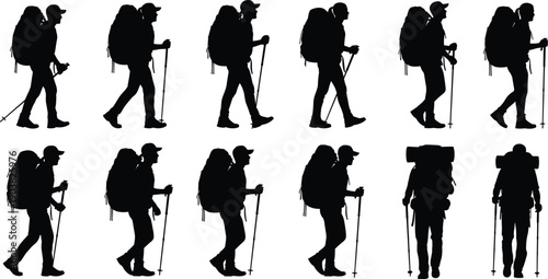 Set of 12 hiking silhouette icons showing backpackers with trekking poles in varied walking angles, postures, and outdoor adventure stances