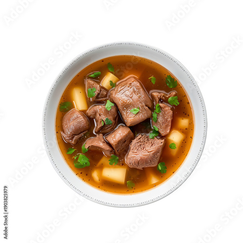 Warm Bowl of Soup With Meat and Vegetables Served in a Simple Dish on a White...