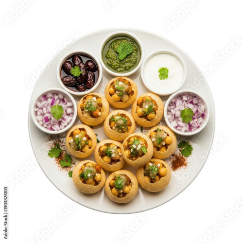 Delicious pani puri dish with assorted toppings and chutneys
