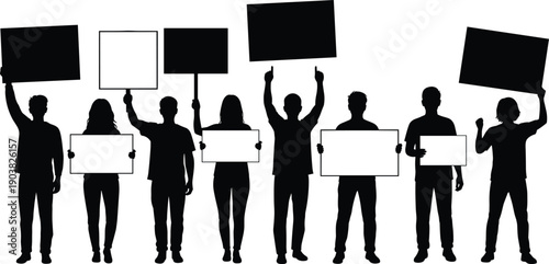 Set of 8 protest silhouette icons showing individuals holding blank signs with raised fists and expressive demonstration postures