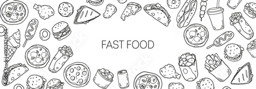 Fast food sketch frame . Whimsical food doodles, Hand drawn vector illustration for menu, packaging design. Food quirky icons, simple sketch style.	
