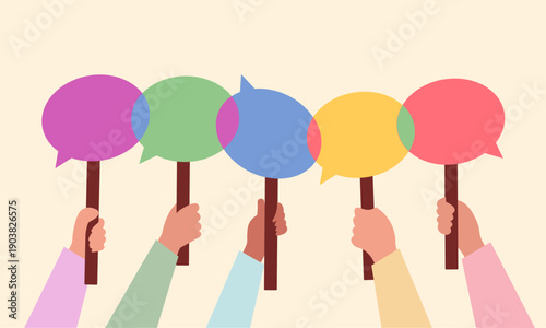 Hands holding merge of various chats, communication merge teamwork concept illustration