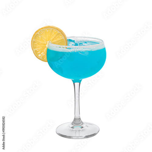 Bright Blue Cocktail With Lemon Slice Served in a Clear Glass at a Bar During...