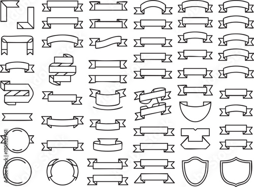 Collection of various line art ribbon banners and shields for design and decoration purposes online