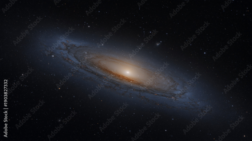 Obraz premium Ultra-wide deep space view of a bright spiral galaxy centered in frame, glowing golden-white core with strong radial luminance, clearly defined swirling spiral arms with dusty blue