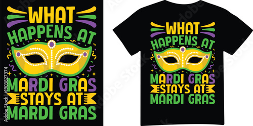 Mardi gras mask saying what happens at