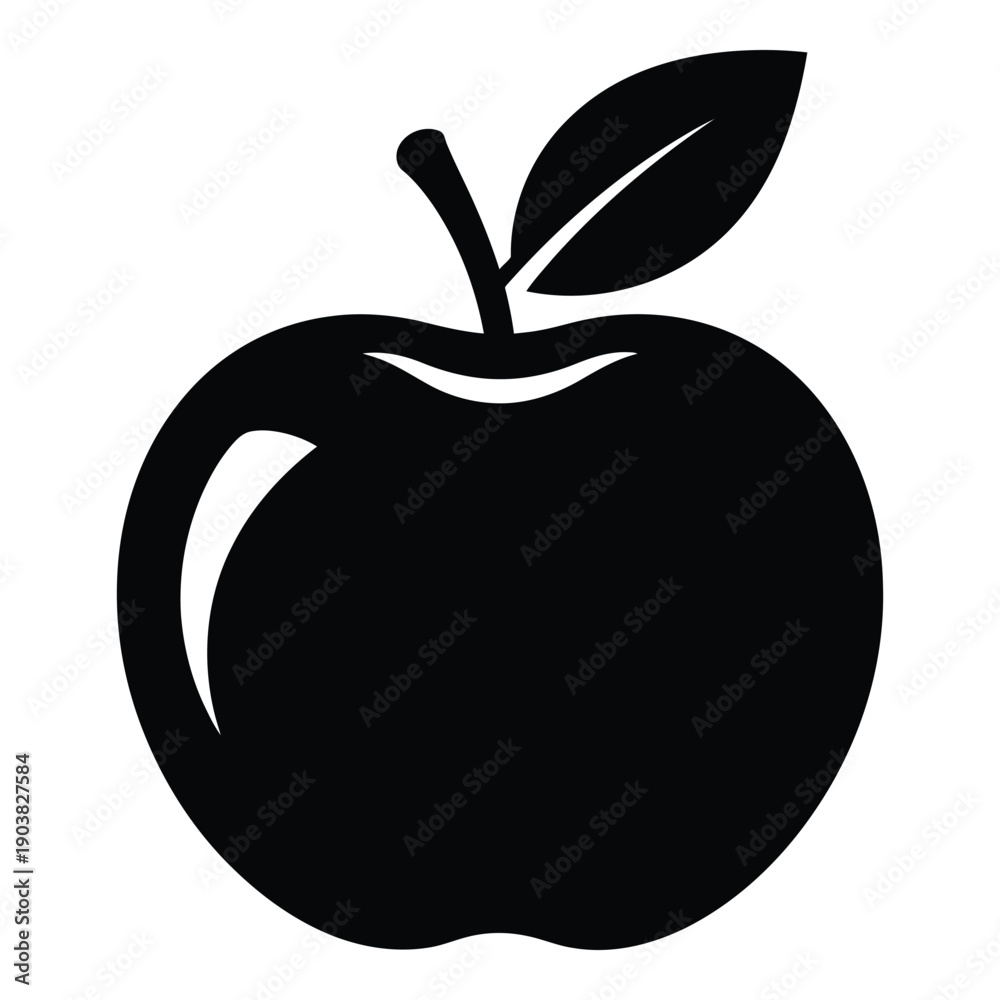 Fototapeta premium Black and white apple silhouette with stem and leaf fruit
