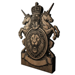 photorealistic photograph of a complex vintage woodcut heraldic emblem, featuring a lion shield and rampant unicorns, rendered in high-contrast monochromatic texture relief, isolated on white. Regal
