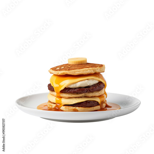 Pancakes Stacked With Syrup and Butter Served on a Plain White Plate
