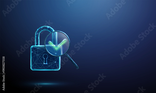 3d blue padlock under magnifying glass with green check mark. Secure verification, successful authentication, data protection confirmed, security validation concept.