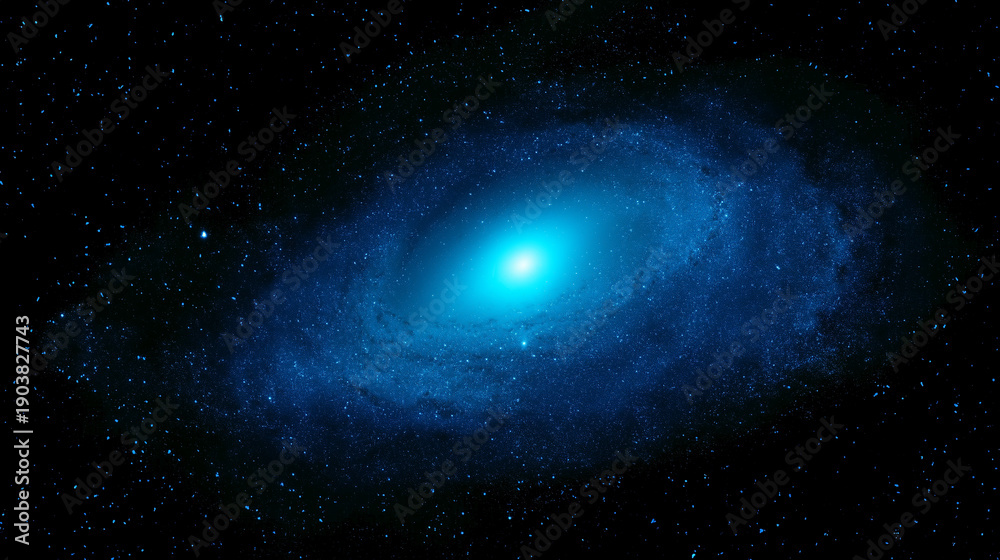 Fototapeta premium Wide deep-space background featuring a luminous blue spiral galaxy slightly off-center, bright cyan-white core with a smooth glow gradient, clearly visible spiral arms made of coun