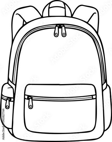 Backpack Line Art Illustration, School Bag Icon with Zippers and Pockets, Travel Rucksack Outline for Education and Tourism Design