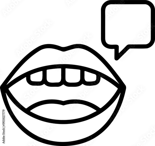 Open Human Mouth with Speech Bubble Line Art, Communication and Dental Health Icon, Talking Lips Illustration for Speech Therapy and Language
