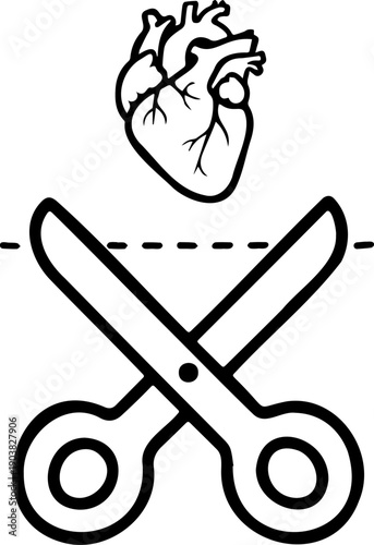 Human Heart with Scissors Icon, Cardiac Surgery and Heart Health Intervention Concept, Medical Cardiology Procedure Line Art Illustration