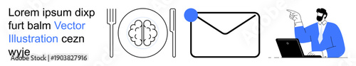Communication, mental health, dining habits, modern work, technology, decision-making. Fork and knife with a brain on a plate next to an envelope, person gesturing at a laptop. Communication