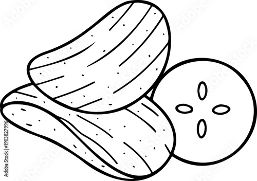 Potato Chips and Vegetable Slice Line Art, Crunchy Crisps Snack Food Icon, Salted Potato Chips Illustration for Junk Food and Nutrition Concept