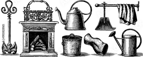 Vintage fireplace tools and botanical elements engraving - 19th century design for home decor and prints