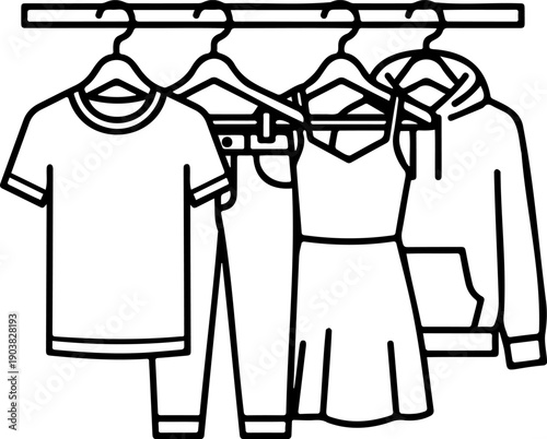 Clothing Rack with Apparel Icon, Fashion Retail and Wardrobe Organization Illustration, T-Shirt Hoodie and Dress on Hangers Line Art
