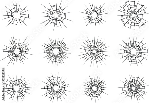 A collection of realistic cracked glass illustrations. Set of twelve different shattered window and bullet hole impact designs isolated on white