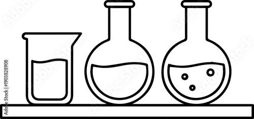 Laboratory Glassware Icon with Flasks and Beaker, Chemistry Research and Science Experiment Illustration, Pharmaceutical Lab Equipment Line Art