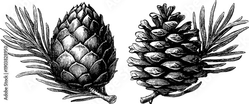 Vintage botanical illustration of fir cone engraving for nature design