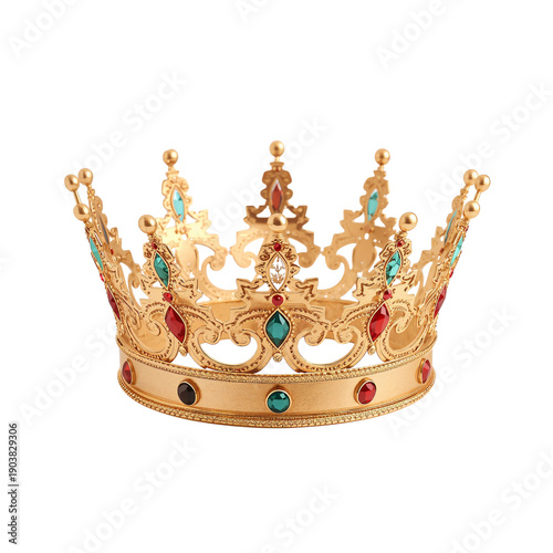 Gold Crown With Colorful Gems on a Plain Background for Decorative Use in Eve...