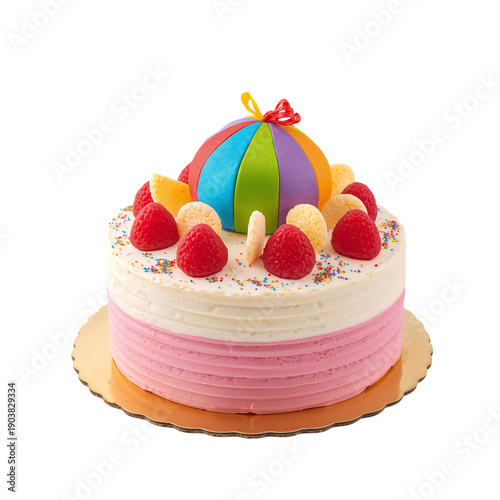 Colorful Cake With Decorations and Bright Ball on Top, Perfect for a Birthday...