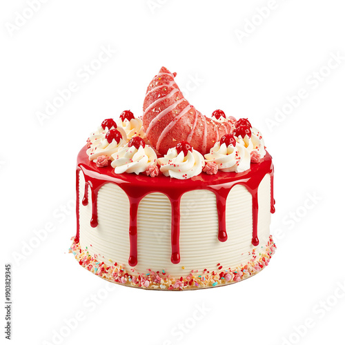 Colorful Cake With Decorations and Bright Ball on Top, Perfect for a Birthday...