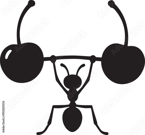 Strong ant lifting cherry barbell illustration on transparent background vector workout fitness sign
