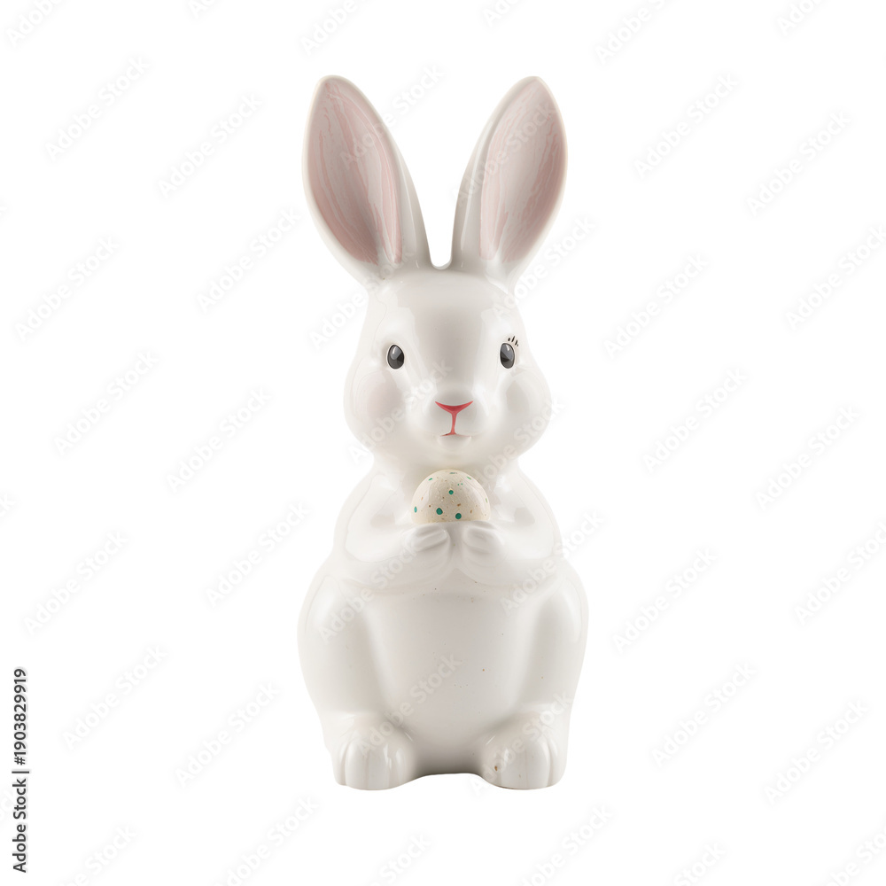 Obraz premium Ceramic Rabbit Holding Egg Sits on Shelf During Spring Season in a Home